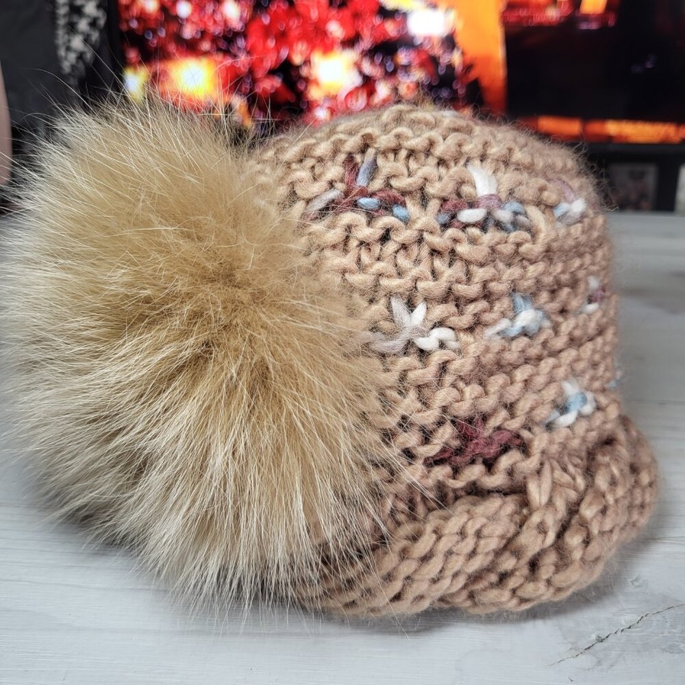 Knit Beanie Retro Style Pom Winter Stocking Hat Handmade.